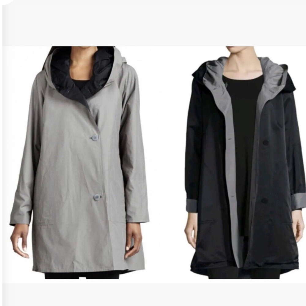 Eileen Fisher reversible hooded rain coat